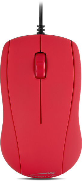 Abbildung einer roten, kabelgebundenen Computermaus mit ergonomischer Form und einem Scrollrad