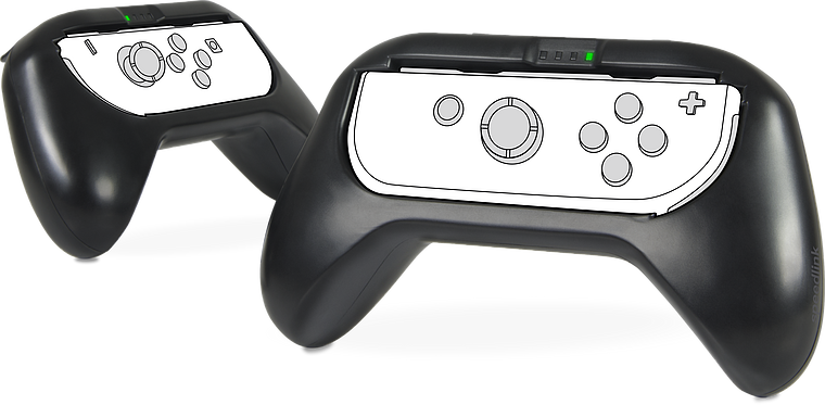 Zwei schwarze ergonomische Griffe mit eingesetzten Nintendo Switch Joy-Con Controllern