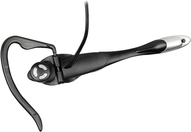Kabelgebundenes Headset mit flexiblem Ohrbügel und langem Mikrofonarm, schwarz-silber
