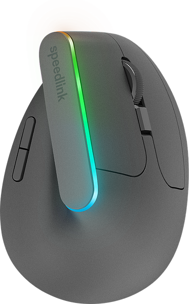 Vertikale ergonomische Computermaus von Speedlink in Grau mit farbiger LED-Leiste und zusätzlichen Seitentasten