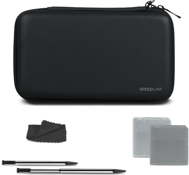 Schwarze SPEEDLINK Schutzhülle mit zwei Stylus-Stiften, Reinigungstuch und zwei transparenten Spielhüllen für Nintendo-Handhelds