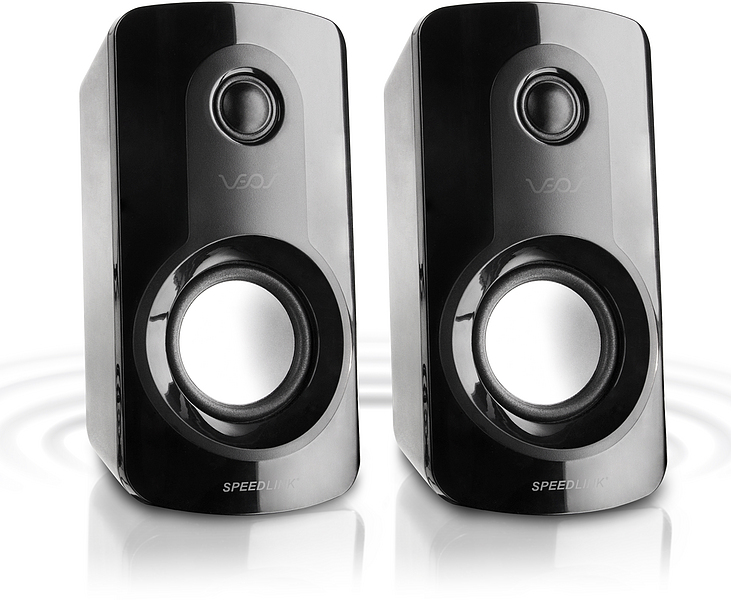 Zwei schwarze SPEEDLINK 2.0 USB-Lautsprecher mit glänzender Oberfläche, geeignet für PC und Laptop