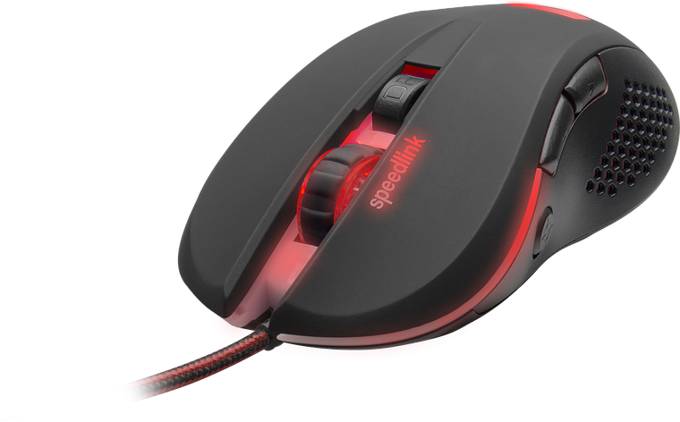 Schwarze Speedlink Gaming-Maus mit roter LED-Beleuchtung und geflochtenem Kabel in seitlicher Ansicht