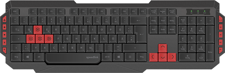 Schwarze Speedlink Gaming-Tastatur mit hervorgehobenen roten Tasten für WASD, Pfeiltasten und seitliche Sondertasten, deutsches QWERTZ-Layout