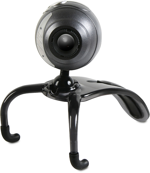 Schwarze Webcam mit rundem Gehäuse auf flexiblem, dreibeinigem Standfuß, geeignet für Videoanrufe am Computer