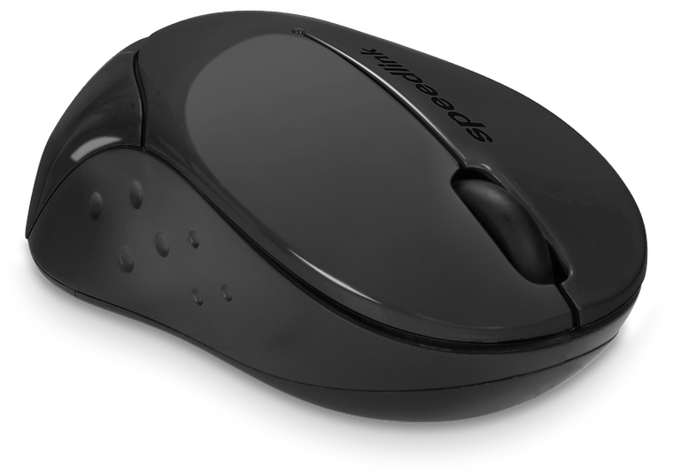 Schwarze Speedlink Funkmaus mit ergonomischem Design, seitlichen Griffmulden und kompaktem Gehäuse