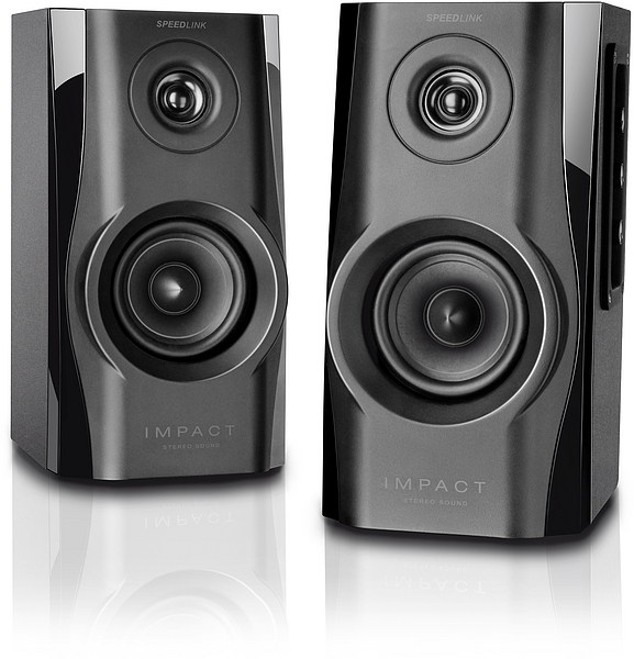 Zwei schwarze SPEEDLINK IMPACT Stereo Lautsprecher mit glänzender Oberfläche und kompaktem Design, ideal für Computer
