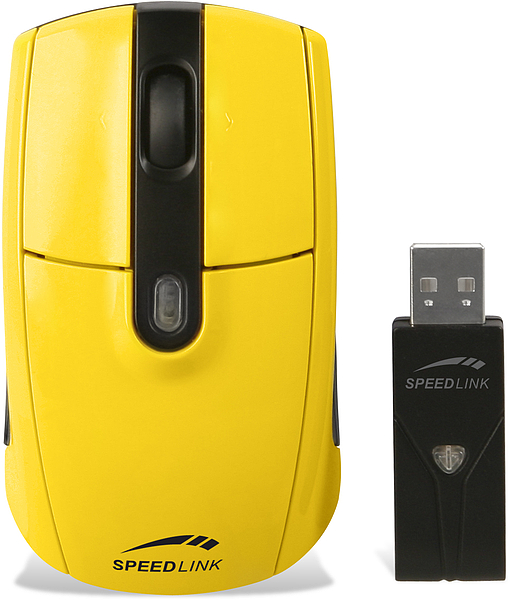 Gelbe SPEEDLINK Wireless-Maus mit passendem USB-Dongle, geeignet für Computer und Laptops