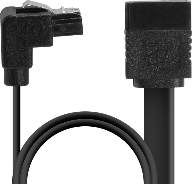 Schwarzes SATA Kabel mit rechtem Winkelstecker und geradem Stecker für Festplattenverbindungen