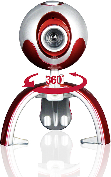 Webcam mit silbernem und rotem Gehäuse, steht auf drei Beinen und kann um 360 Grad gedreht werden