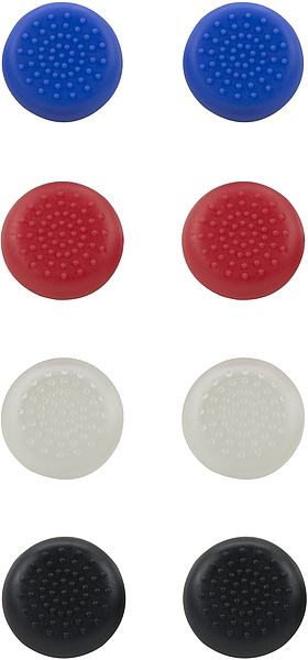 Acht runde, strukturierte Thumbstick-Aufsätze für Controller in Blau, Rot, Weiß und Schwarz, jeweils zwei pro Farbe