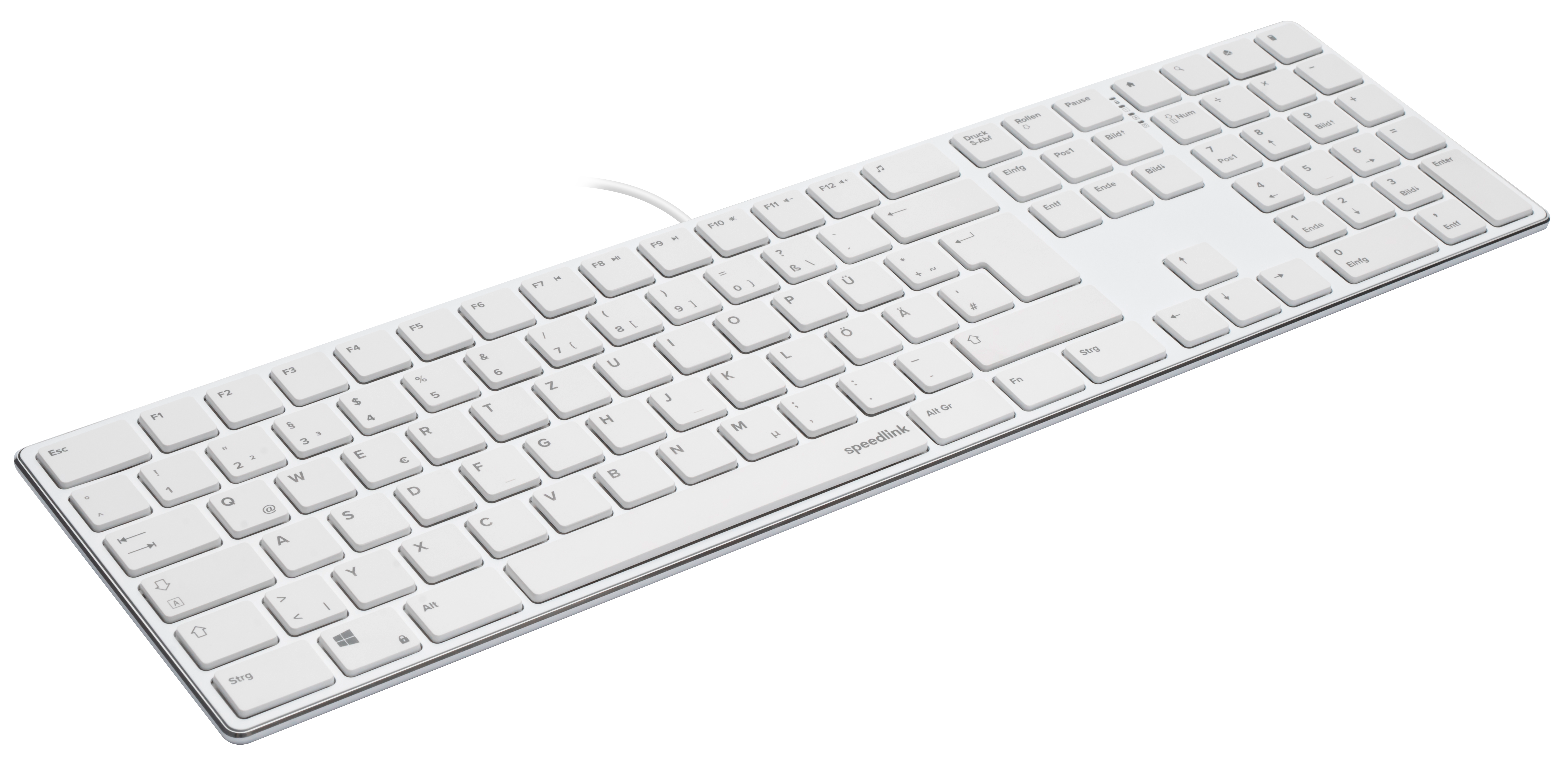 Flache weiße Tastatur mit Kabel, deutschem QWERTZ-Layout und vollständigem Ziffernblock