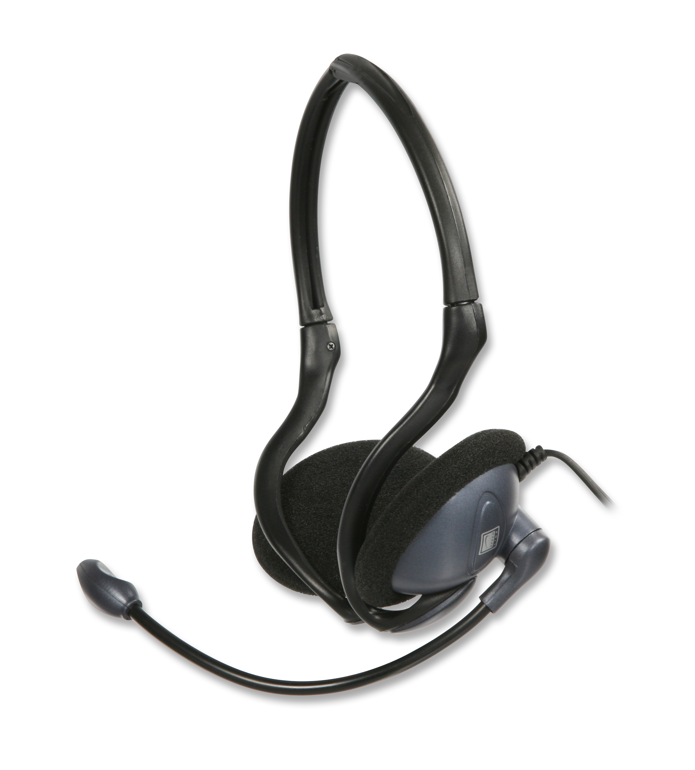 Schwarzes PC-Headset mit Mikrofon und gepolsterten Ohrmuscheln auf weißem Hintergrund