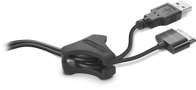 SPEEDLINK Kabelhalter mit aufgewickeltem USB-Kabel und 30-Pin-Stecker für eine ordentliche Kabelführung