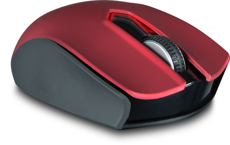 Rote, ergonomische Funkmaus mit schwarzer Seitenfläche und Scrollrad