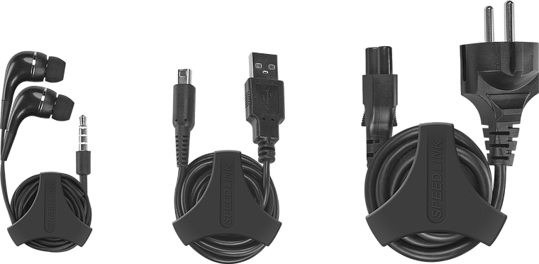 Drei unterschiedliche Kabel, darunter Kopfhörer, USB- und Stromkabel, sauber aufgewickelt mit einem SPEEDLINK Kabel-Organizer