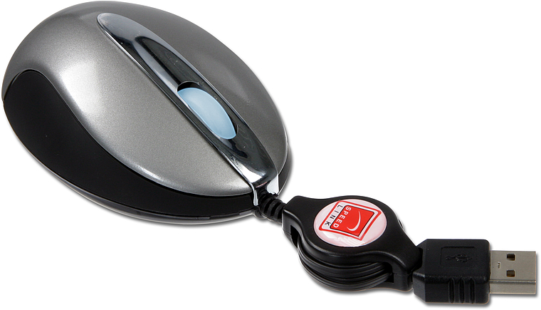 Silberne USB-Maus mit ausziehbarem Kabel, geeignet für den mobilen Einsatz am Laptop