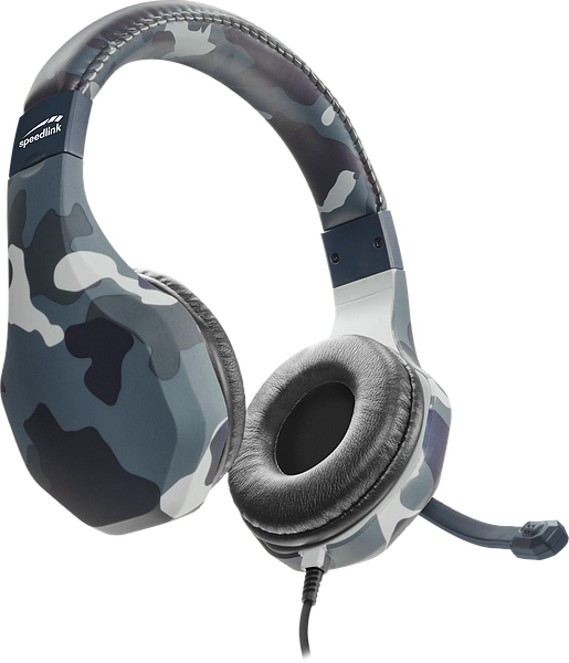 Abbildung eines Speedlink Gaming-Headsets mit Tarnmuster und integriertem Mikrofon