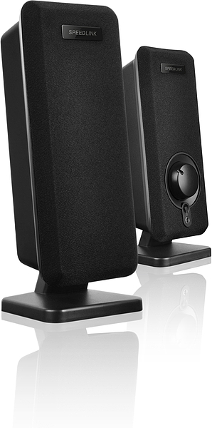 Zwei schwarze SPEEDLINK PC-Lautsprecher mit standsicherem Fuß, einer mit Lautstärkeregler.