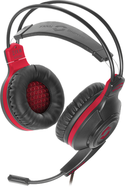 Schwarz-rotes Gaming-Headset mit gepolsterten Ohrmuscheln und flexiblem Mikrofon für hohen Tragekomfort beim Spielen