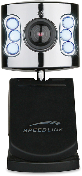 Frontansicht einer SPEEDLINK Webcam mit acht LED-Leuchten und stabilem Standfuß, geeignet für PC-Nutzung