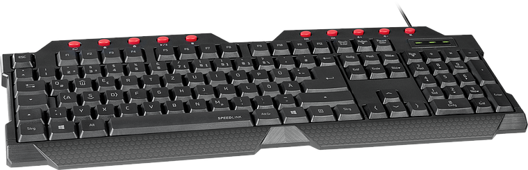 Schwarze Gaming-Tastatur von SPEEDLINK, kabelgebunden, mit markanten roten Zusatztasten für Spiele und Multimedia