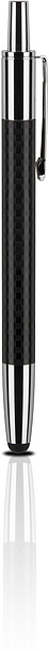 Schwarzer Kugelschreiber mit Carbon-Optik und glänzenden Chrom-Details, stehend auf hellem Untergrund