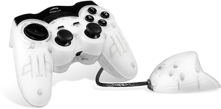 Weißes Speedlink Gamepad mit angeschlossenem Mausmodul für PC-Gaming, ergonomisches Design, mehrere Funktionstasten