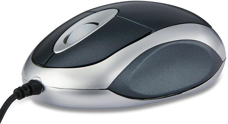 Schwarze und silberne kabelgebundene Computermaus mit ergonomischem Design und Scrollrad seitlich abgebildet