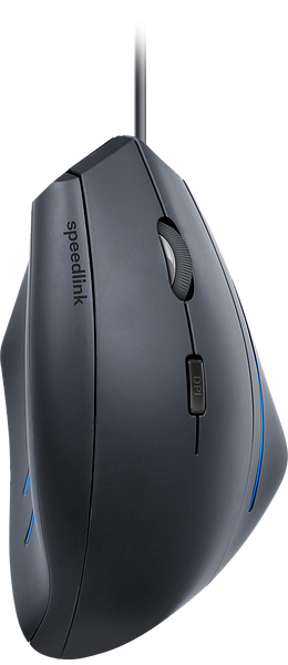 Seitliche Ansicht einer ergonomischen vertikalen Speedlink-Maus mit Kabel und DPI-Schalter, in dunklem Design