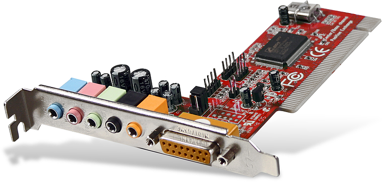 Rote PCI-Soundkarte, verschiedene farbige Audioanschlüsse und ein MIDI-Anschluss auf der Slotblende sichtbar