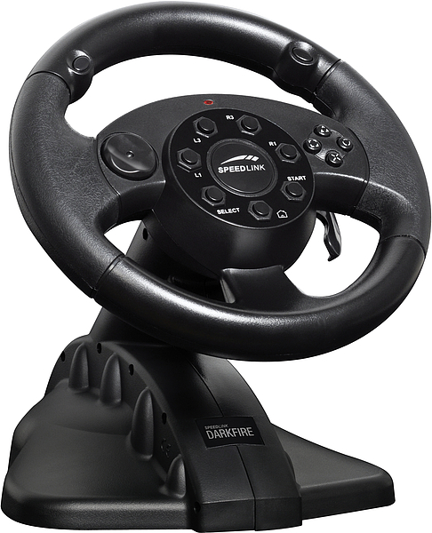 Schwarzes Speedlink DARKFIRE Gaming-Lenkrad mit Tasten für PC und Konsole