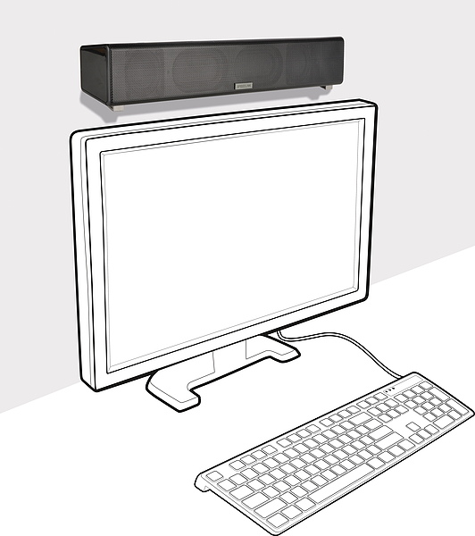 Soundbar steht auf einem Schreibtisch über einer gezeichneten Monitor-Tastatur-Kombination