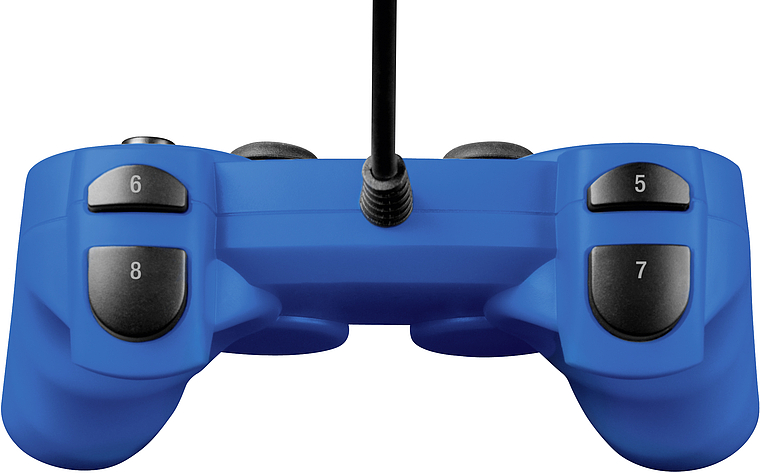 Ansicht eines blauen kabelgebundenen Gamecontrollers mit den Tasten 5, 6, 7 und 8, von oben fotografiert