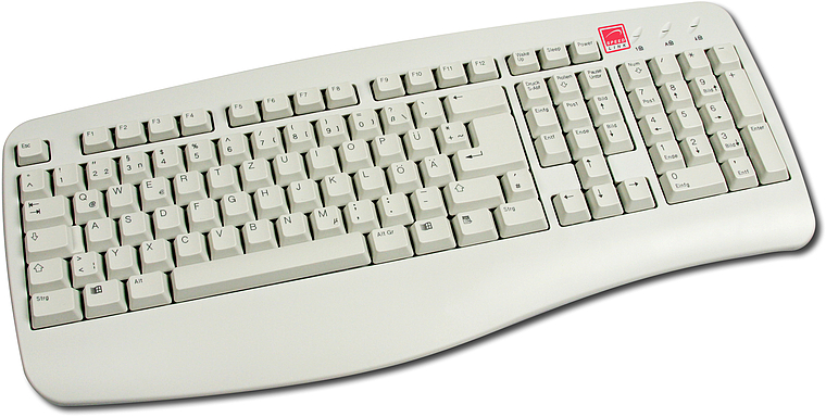 Weiße Computer-Tastatur mit deutschem QWERTZ-Layout und ergonomischem Design