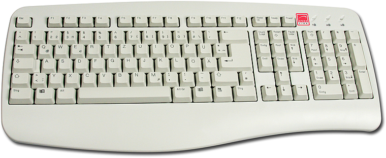 Beige Computer-Tastatur mit deutschem Tastenlayout und integriertem Nummernblock