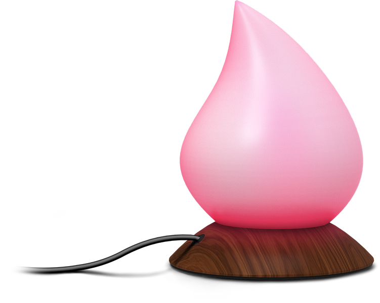 Rosa LED-Lampe in Tropfenform auf einem Holzsockel mit angeschlossenem Kabel