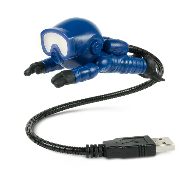 Blauer USB-Stick in Taucher-Optik mit flexiblem Kabel, lustiges Gadget für den Schreibtisch