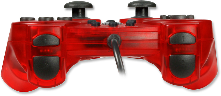 Vorderansicht eines roten kabelgebundenen Gamepads mit zwei Analogsticks und mehreren Tasten