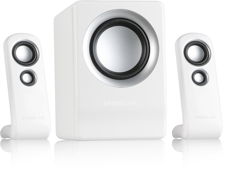 Weißes SPEEDLINK 2.1 Lautsprechersystem bestehend aus Subwoofer und zwei kompakten Satellitenlautsprechern