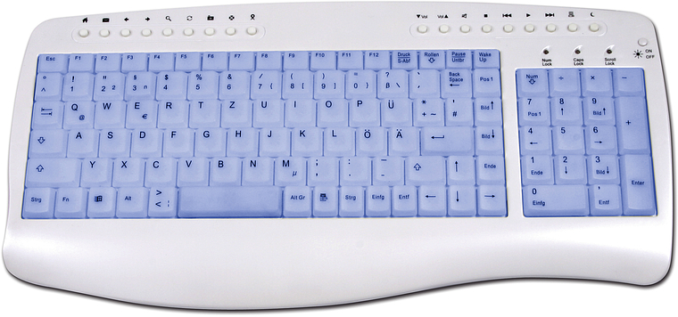 Weiße ergonomische Tastatur mit blau hinterlegten deutschen Tasten und Sondertasten für Multimedia-Funktionen