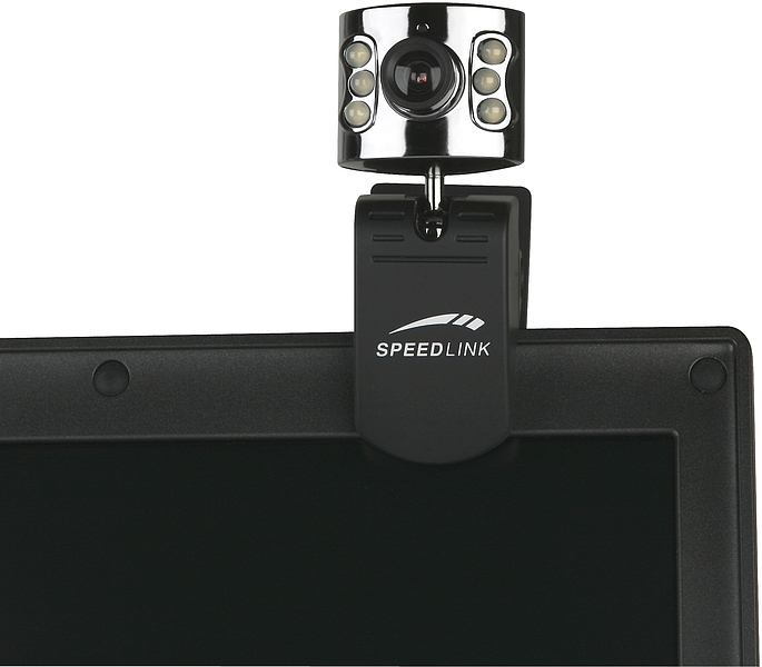 Webcam von SPEEDLINK mit sechs LEDs auf einem Monitor angebracht