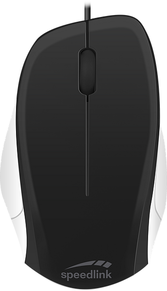 Abbildung einer Speedlink Computermaus mit Kabel in schwarzem und weißem Design, von oben fotografiert
