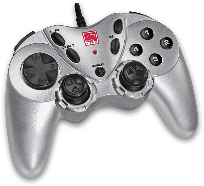 Silberner Gamecontroller von Speedlink mit zwei Analogsticks, Steuerkreuz und Funktionstasten