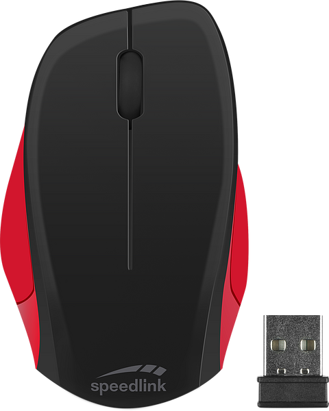 Abbildung einer kabellosen Speedlink Maus in Schwarz mit roten Seiten und passendem USB-Empfänger