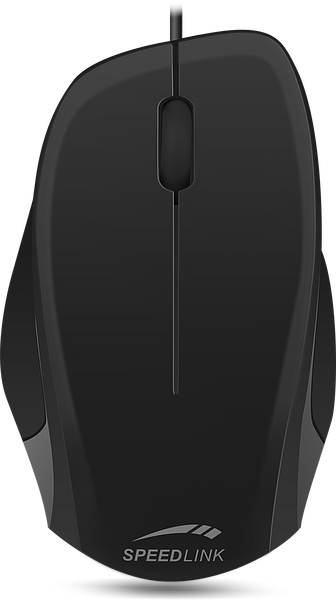Abbildung einer schwarzen Speedlink kabelgebundenen Computermaus, ergonomische Form, von oben betrachtet