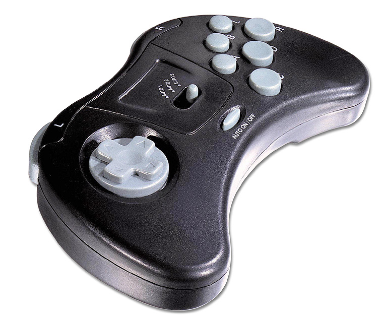 Schwarzer Gamecontroller mit mehreren grauen Knöpfen, Steuerkreuz und Schieberegler für automatische Funktionen