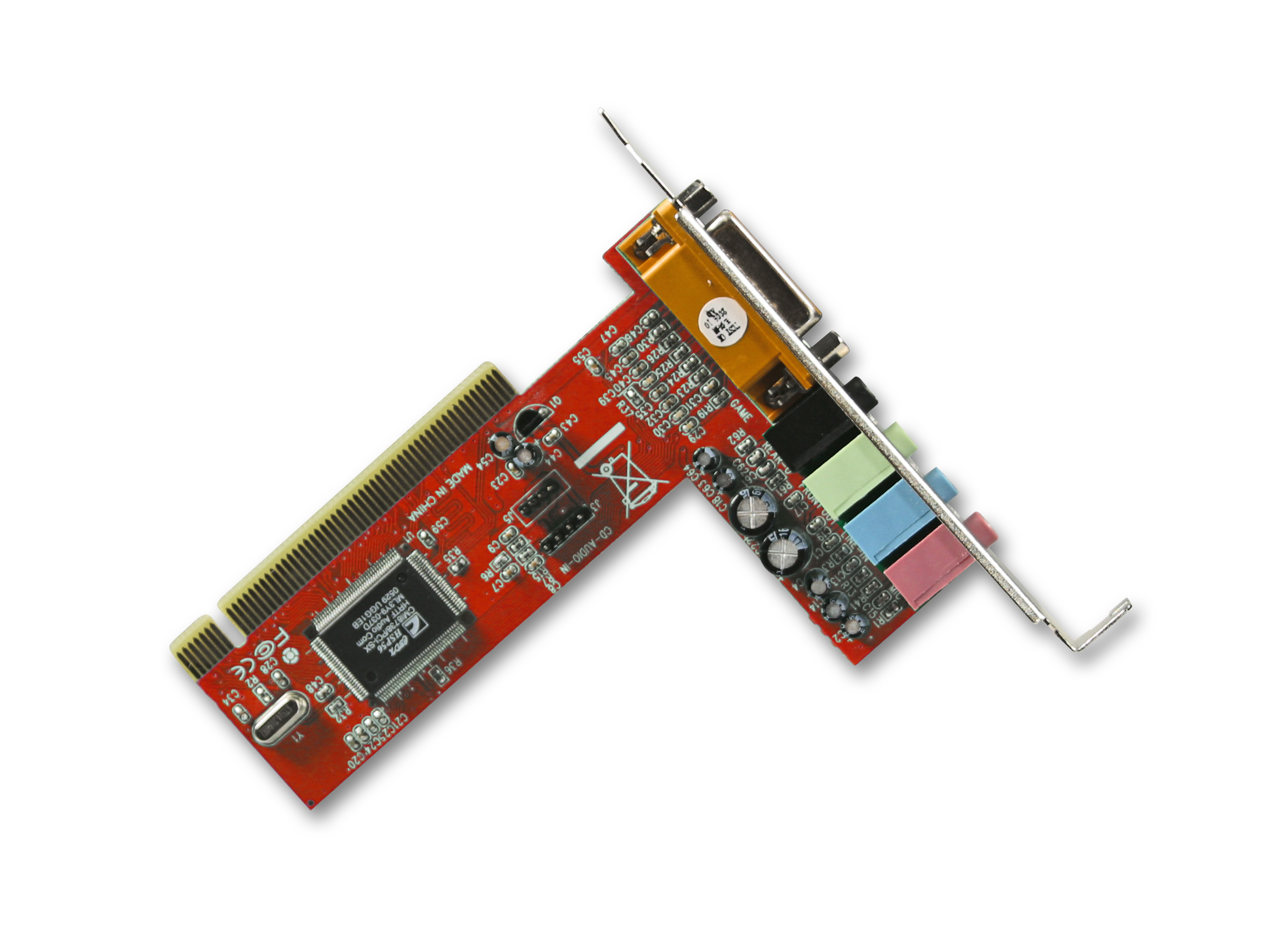 Rote PCI-Soundkarte mit verschiedenen farbigen Audioanschlüssen und elektronischen Bauteilen für den Einbau in Desktop-Computer